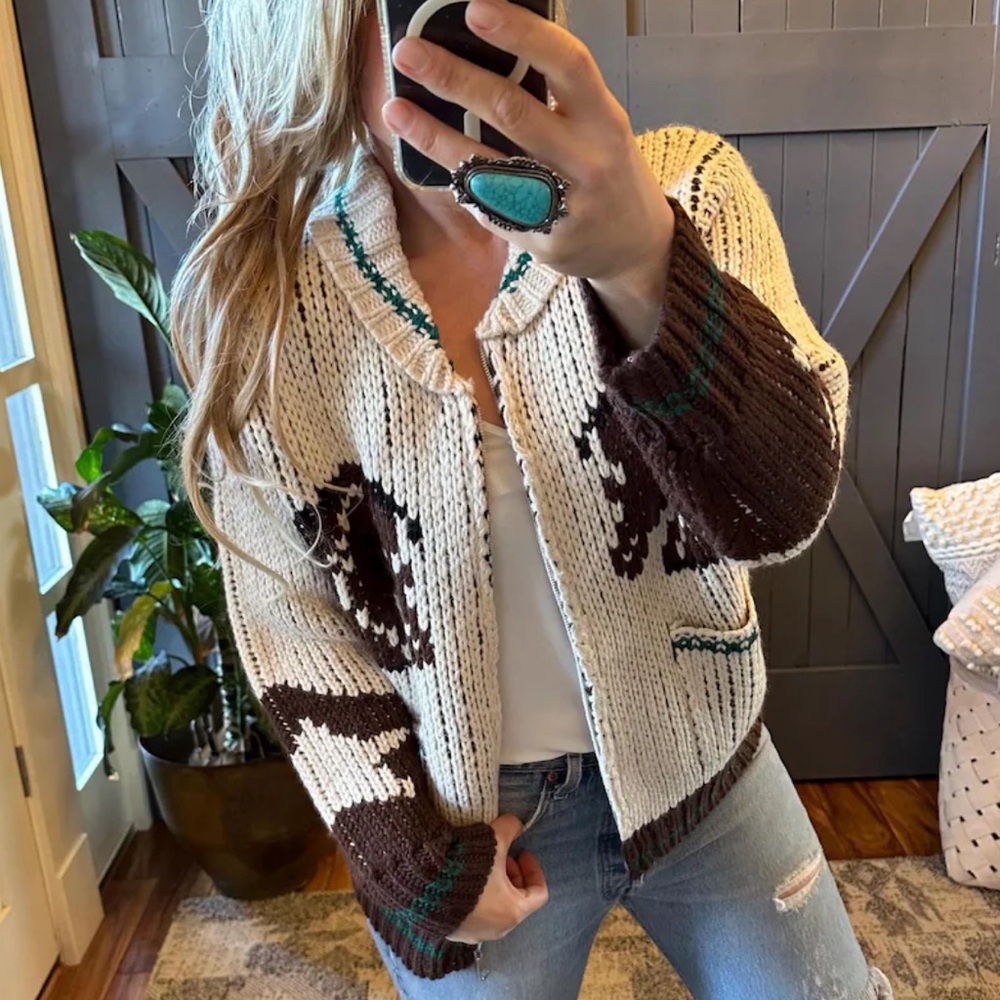 Knitted Horse Print Cardigan Sweater Western Rodeo Cowichan Vintage Quilted Coat - Picture 6 of 8